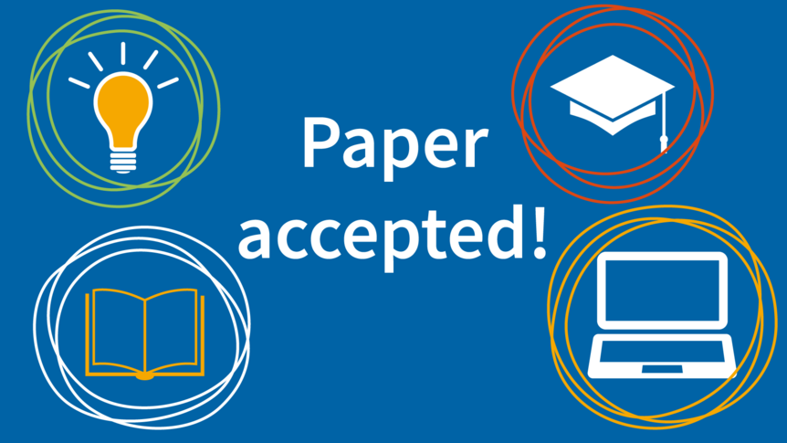 text "Paper accepted!" surrounded by illustrations of a lightbulb, an open book, a graduation cap and an open laptop